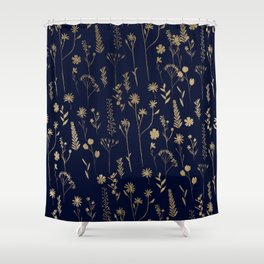 Hand drawn gold cute dried pressed flowers illustration navy blue Shower Curtain