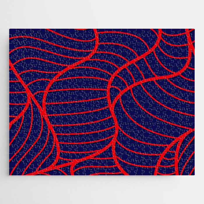 Navy Blue & Red Color Leaves Line Design Jigsaw Puzzle