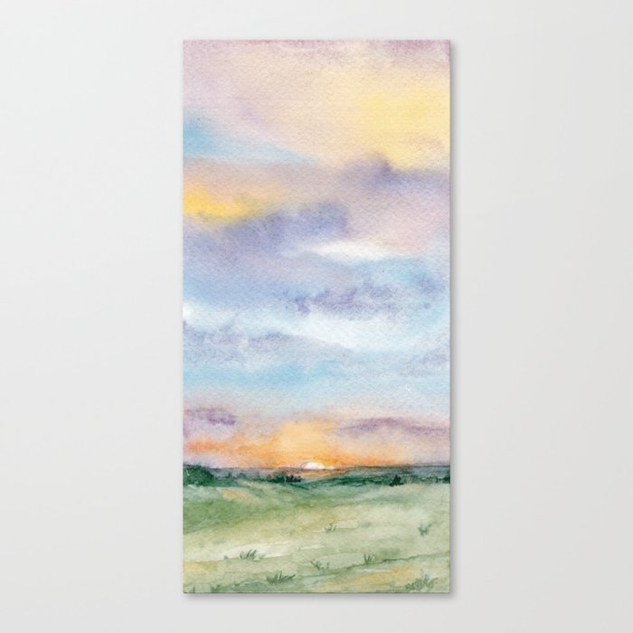 Watercolor Sunset on a Green Pasture Canvas Print