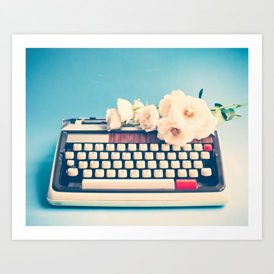 White Typewriter on Blue Art Print