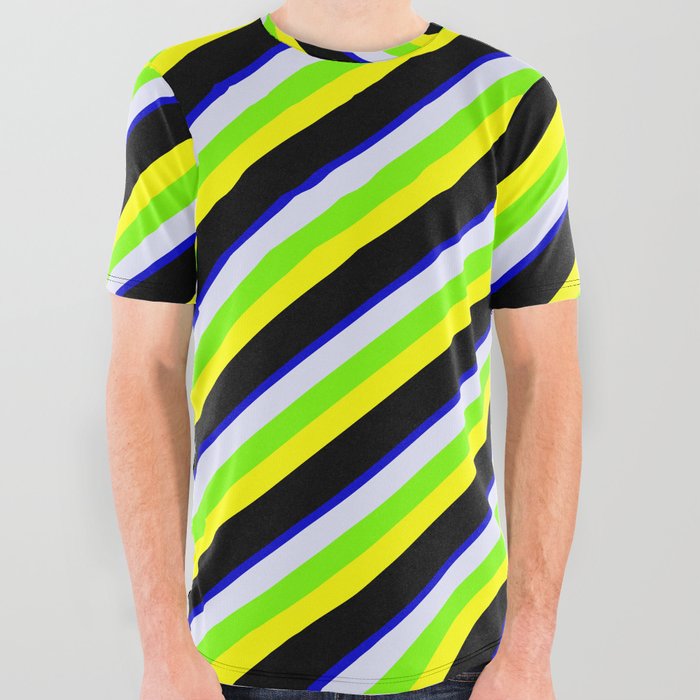 Colorful Blue, Lavender, Green, Yellow, and Black Colored Stripes Pattern All Over Graphic Tee