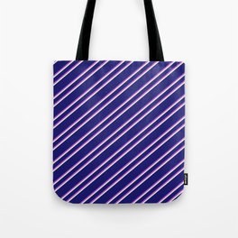 [ Thumbnail: Midnight Blue, Orchid, and Beige Colored Lined Pattern Tote Bag ]