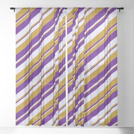 [ Thumbnail: Dark Goldenrod, Indigo, and Lavender Colored Lined Pattern Sheer Curtain ]