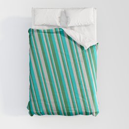 [ Thumbnail: Sea Green, Light Gray & Dark Turquoise Colored Stripes/Lines Pattern Comforter ]