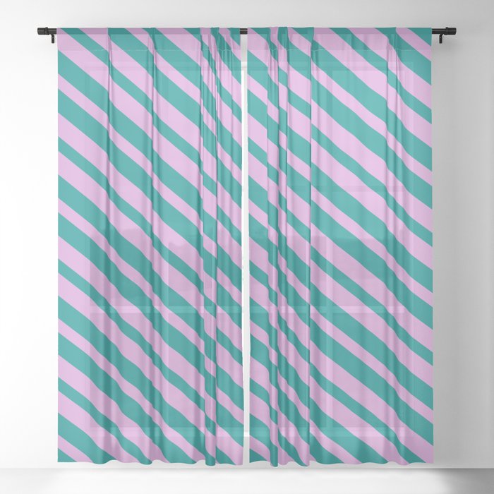 Dark Cyan and Plum Colored Striped/Lined Pattern Sheer Curtain
