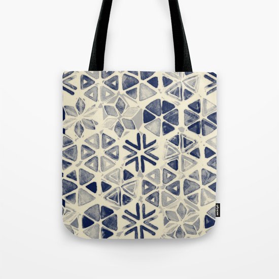 Hand Painted Triangle & Honeycomb Ink Pattern - indigo & cream Tote Bag