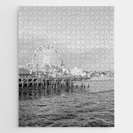 Sunset At Santa Monica Pier Photo | California Beach Art Print | Black And White Travel Photography Jigsaw Puzzle