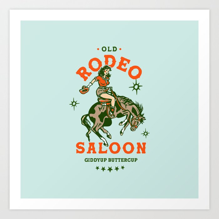 Old Rodeo Saloon Aqua Teal Cowgirl Pillow Art Print