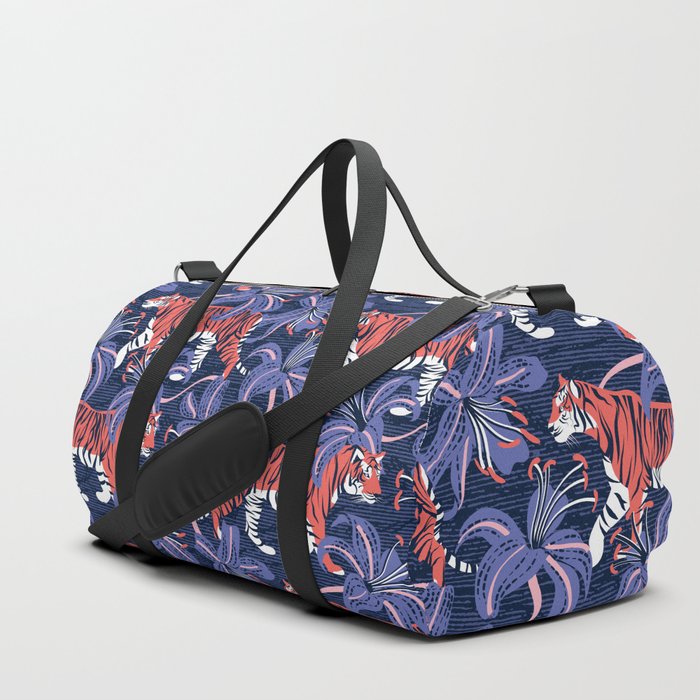 Tigers in a tiger lily garden // textured navy blue background coral wild animals very peri flowers Duffle Bag
