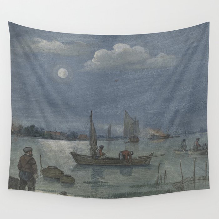Moonlit River Landscape with Fishermen - Hendrick Avercamp (c. 1625) Wall Tapestry