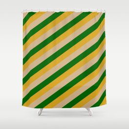 [ Thumbnail: Goldenrod, Tan & Dark Green Colored Lined Pattern Shower Curtain ]