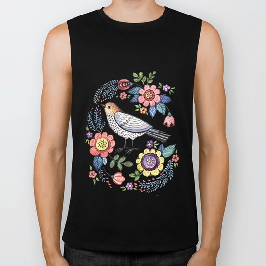 Romantic singing bird with flowers Biker Tank