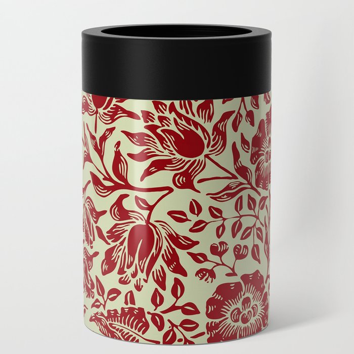 Modern William Morris Red Cream Floral Leaves Pattern Can Cooler