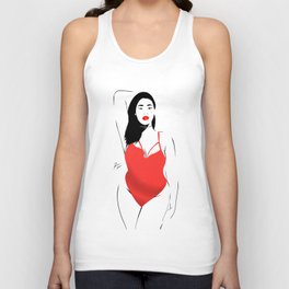 Beautiful woman posing in red swimsuit and lipstick Unisex Tank Top