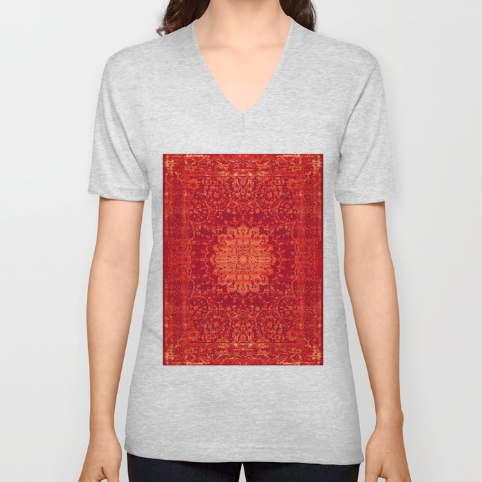Orange Heritage Oriental Traditional Tribal Moroccan Style V Neck T Shirt