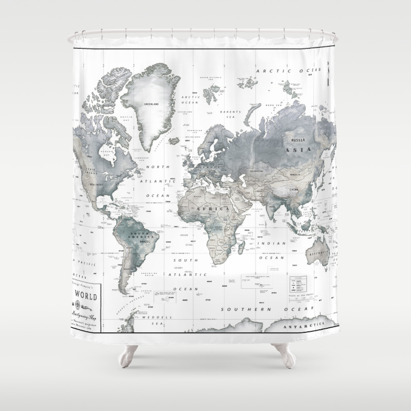 White Relief Map Shower Curtain, Black And White Map Shower Curtain