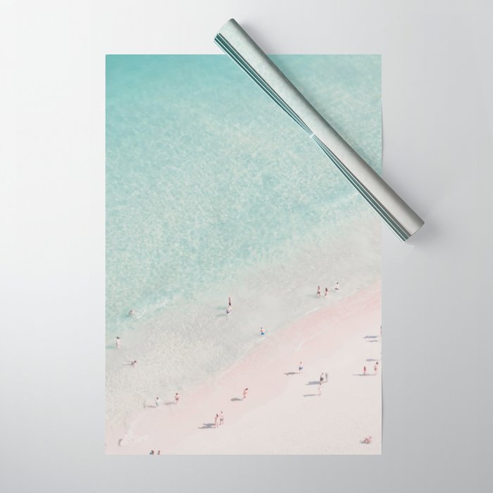 Aerial Beach Ocean Print - Beach People - Pink Sand - Pastel Sea - Minimal - Travel photography Wrapping Paper