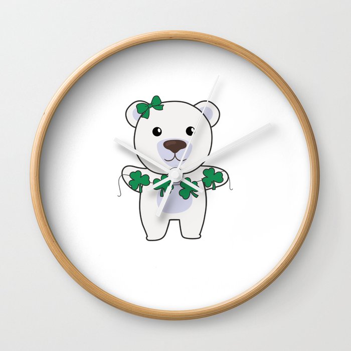 Polar Bear With Shamrocks Cute Animals For Luck Wall Clock