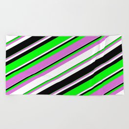 [ Thumbnail: Lime, Orchid, White & Black Colored Lined/Striped Pattern Beach Towel ]