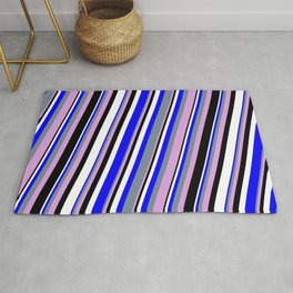 [ Thumbnail: Blue, Light Slate Gray, Plum, Black & White Colored Stripes/Lines Pattern Rug ]