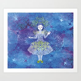Bilberry queen Art Print | Bird, Graphicdesign, Pattern, Illustration, Woman, Blueberry, Girl, Digital, Feminine, Green 