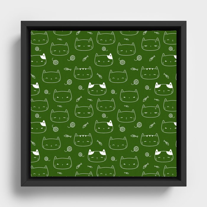 Green and White Doodle Kitten Faces Pattern Framed Canvas