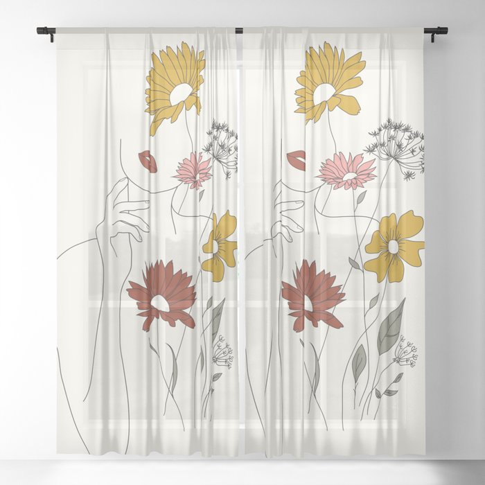 Colorful Thoughts Minimal Line Art Woman with Flowers III Sheer Curtain