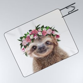 Baby Sloth with Flower Crown, Baby Girl, Pink Nursery, Baby Animals Art Print by Synplus Picnic Blanket
