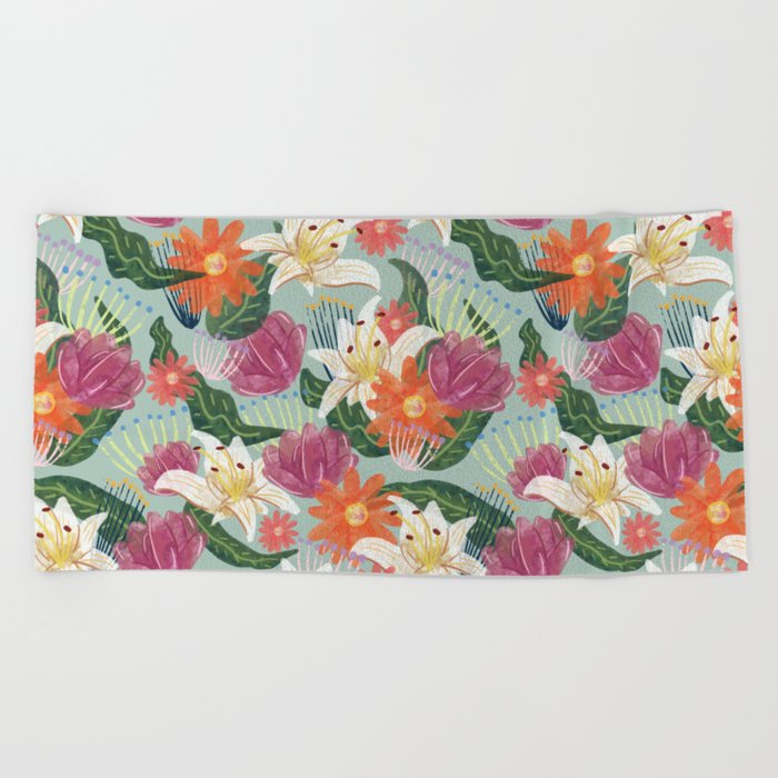 mint watercolor floral pattern Beach Towel