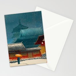 Vintage Japanese Woodblock Print Japanese Red Shinto Shrine Pagoda Winter Snow Stationery Card
