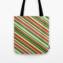 [ Thumbnail: Eyecatching Light Green, Red, Gray, Dark Green, and Tan Colored Lined/Striped Pattern Tote Bag ]