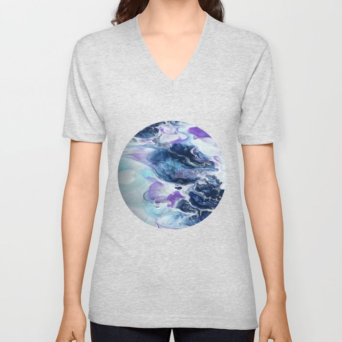 Navy Blue, Teal and Royal Purple Marble V Neck T Shirt