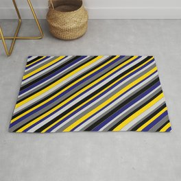 [ Thumbnail: Vibrant Light Gray, Dim Gray, Black, Yellow, and Midnight Blue Colored Stripes Pattern Rug ]