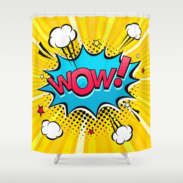 Comic speech bubble with expression text Wow!, stars and clouds. bright dynamic cartoon illustration in retro pop art style on halftone background Shower Curtain