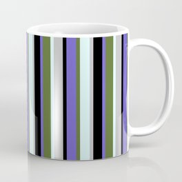 [ Thumbnail: Eyecatching Slate Blue, Dark Olive Green, Light Cyan, Grey & Black Colored Lines/Stripes Pattern Coffee Mug ]