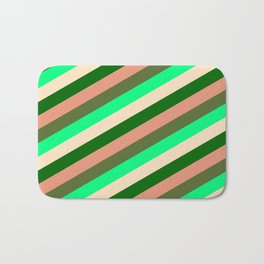 [ Thumbnail: Eye-catching Green, Bisque, Dark Green, Dark Salmon & Dark Olive Green Colored Lined/Striped Pattern Bath Mat ]