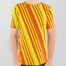 [ Thumbnail: Red & Yellow Colored Lined Pattern All Over Graphic Tee ]