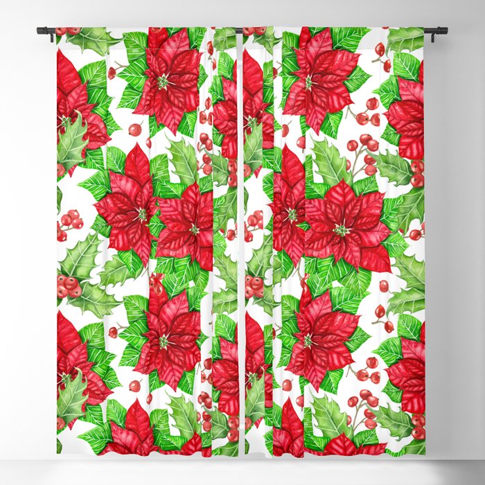 Poinsettia and holly berry watercolor Christmas pattern Blackout Curtain