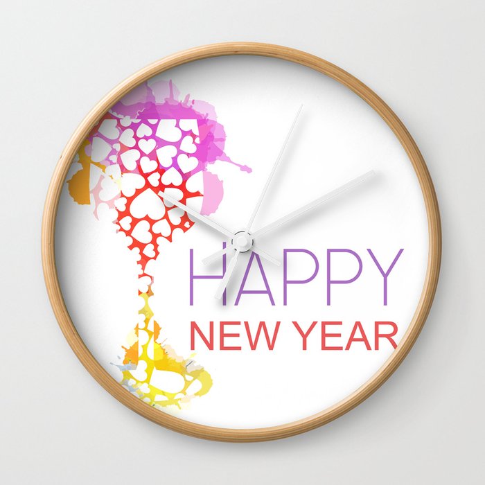 Happy New year celebration heart filled glass watercolor splash in warm color scheme Wall Clock