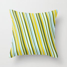 [ Thumbnail: Light Blue, Yellow, Dark Olive Green & Light Cyan Colored Lined/Striped Pattern Throw Pillow ]