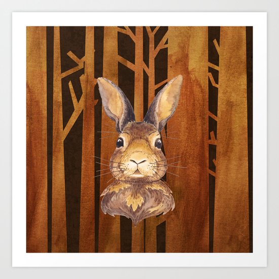Rabbit in the forest- abstract animal hare watercolor illustration Art Print