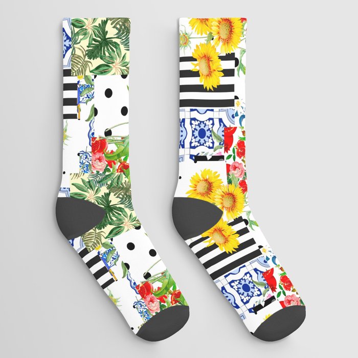 Italian,Sicilian art,patchwork,summer Flowers Socks