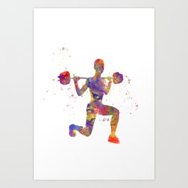 Young man practices fitness in watercolor Art Print