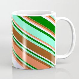 [ Thumbnail: Eyecatching Brown, Coral, Lavender, Dark Green & Aquamarine Colored Lines Pattern Coffee Mug ]