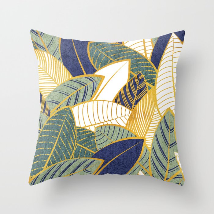 Leaf wall // navy blue pine and sage green leaves golden lines Throw Pillow