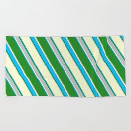 [ Thumbnail: Light Yellow, Deep Sky Blue, Forest Green & Grey Colored Stripes Pattern Beach Towel ]