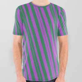 [ Thumbnail: Sea Green and Orchid Colored Stripes/Lines Pattern All Over Graphic Tee ]