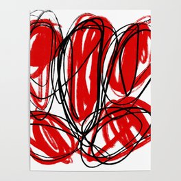 Red, Black, and White Minimalist Abstract Linear Painting Poster