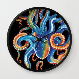 Octopus Colorful Tentacles On Black Wall Clock
