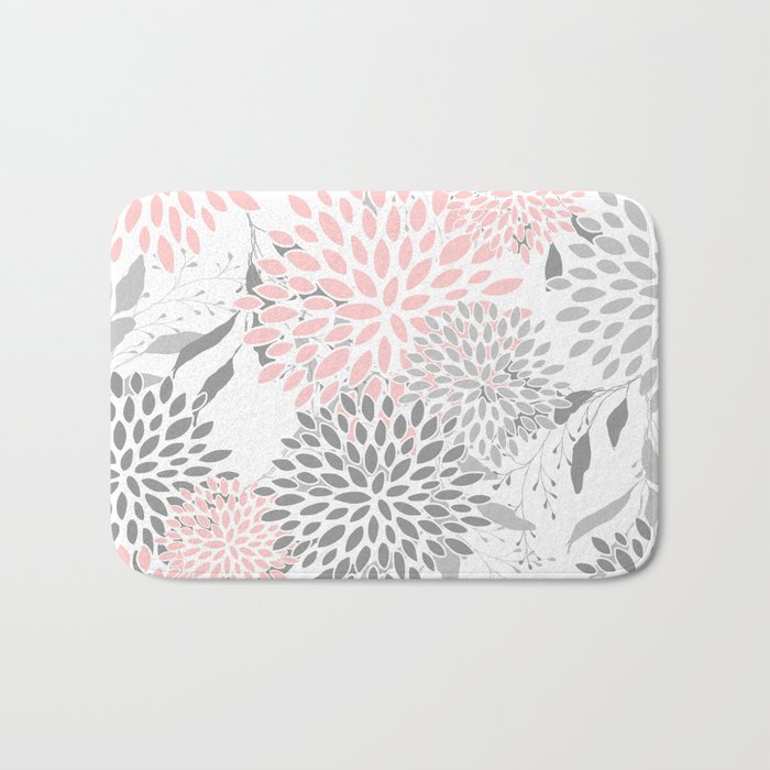 Festive, Floral Prints, Leaves and Blooms, Pink, Gray and White Bath Mat